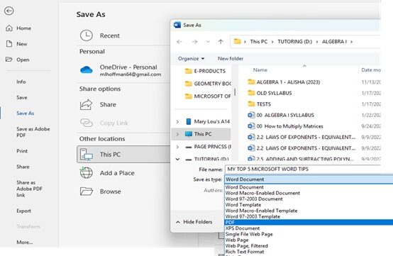 Screenshot of the SAVE AS pop-up to show that you can change the file type.