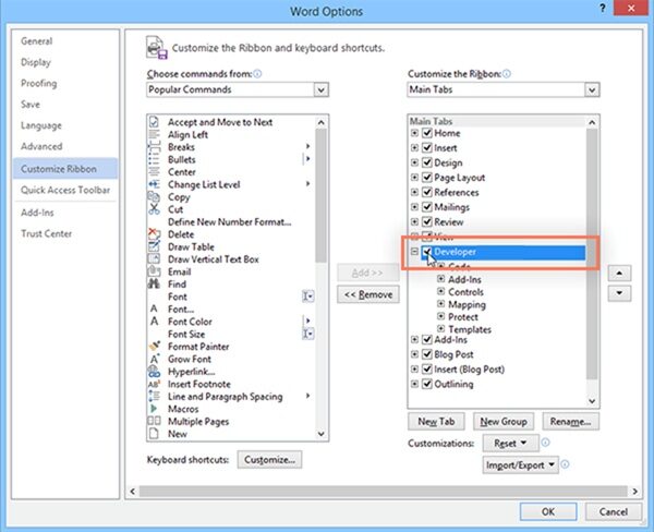 Screenshot of the Word Options Page showing that you place a checkmark in Developer to add the Tab to the Ribbon.