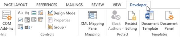 Screenshot of the Developer Tab showing on the Ribbon.