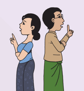 A picture of two people talking and not listening to each other.