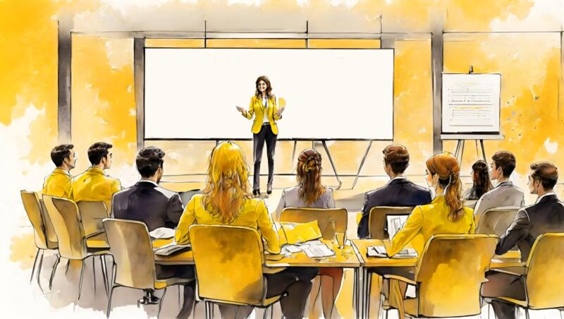 Female presenter in front of a group of coworkers.
