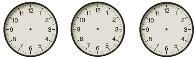 Three blank clock faces to be filled in by the student.