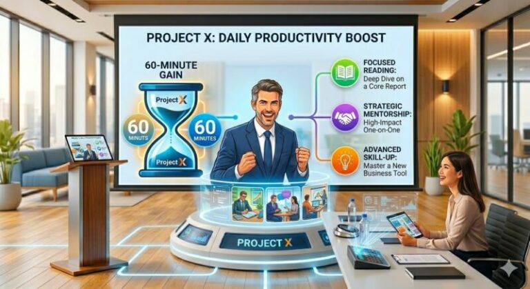 A 60-minute productivity gain (visualized as a full hour) and a total of 300 hours saved per year for every employee humanized to illustrate clear, high-value examples of how this extra time can be spent — ranging from focused reading to deep, high-impact mentorship. Time-saving results in a deeper investment in you people and your projects.