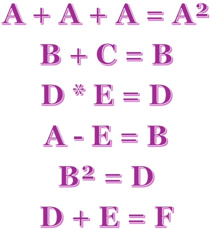 A + A + A = A * A B + C = B D (E) = D A - E = B B (B) = D D + E = F