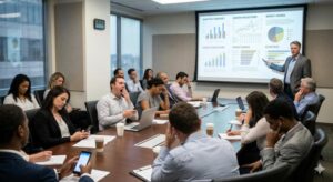 A relatable corporate meeting room where the audience is visibly disconnected—checking smart phones and looking bored—while a speaker stands next to a screen packed with messy, unreadable charts.