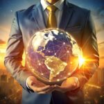 Man in a business suit holding a glowing globe.