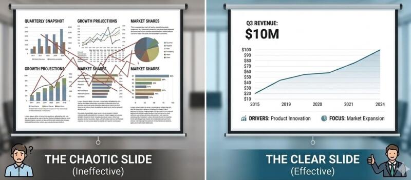 A clean, side-by-side comparison illustrating a chaotic, text-heavy slide on the left versus a beautifully spaced, minimal slide using bold key metrics and plenty of whitespace on the right.