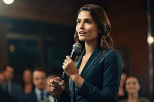 Portrait of a beautiful young woman in a business suit speaking into a microphone. Confident businesswoman delivering a corporate presentation at a seminar or conference,