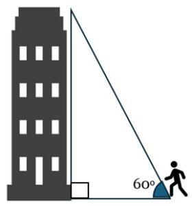 A picture drawing to match the word problem. A person on the ground 50 ft from a building and a 60o angle to the top of the building..