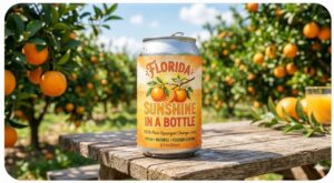 A can of orange juice with the label "Florida Sunshine in a Bottle" sitting in the middle of an orange grove.