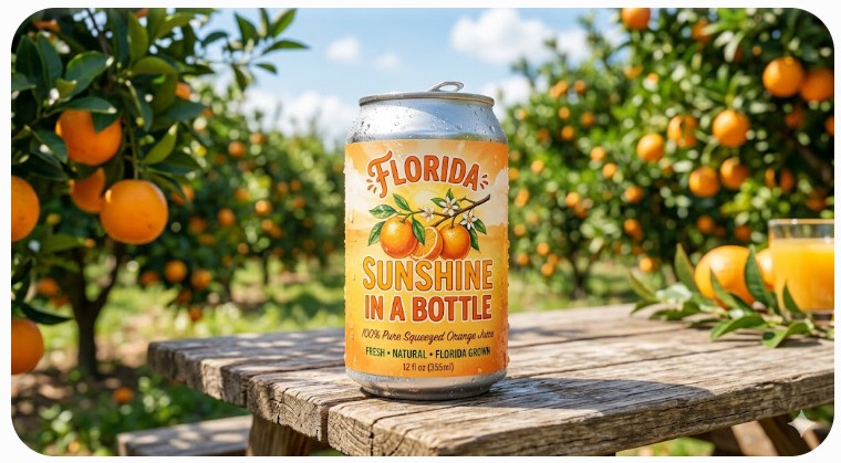A can of orange juice with the label "Florida Sunshine in a Bottle" sitting in the middle of an orange grove.
