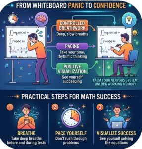 Infographic: From Whiteboard Panic to Confidence.
Using tried-and-true public speaking techniques to overcome math anxiety.
* Controlled breathing
* Pacing
* Positive visualization
