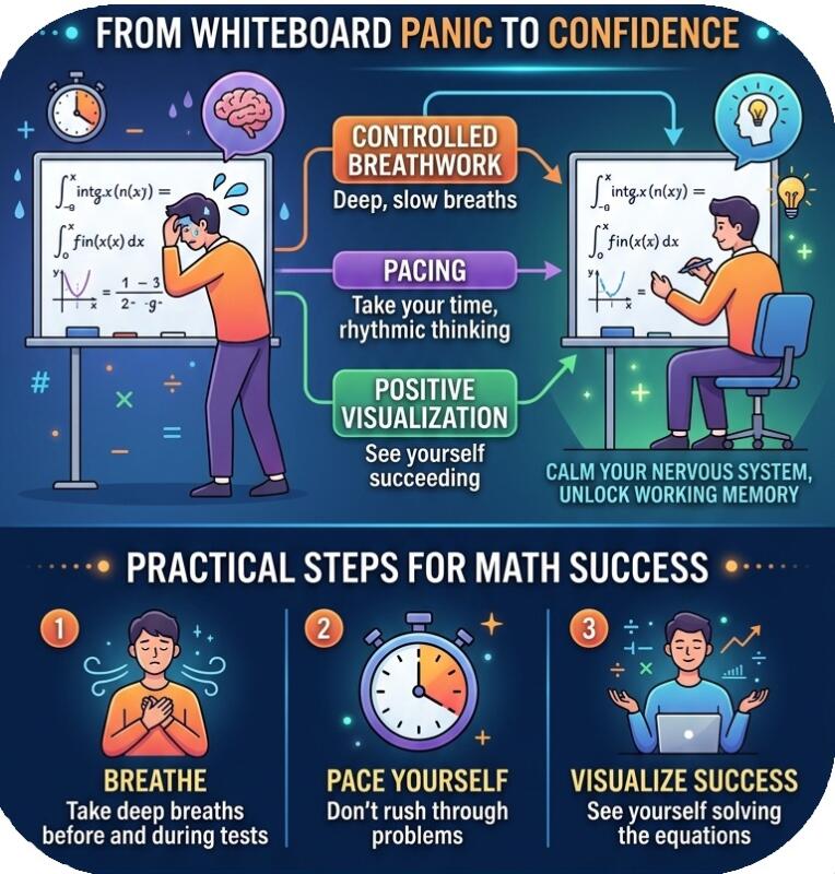 Infographic: From Whiteboard Panic to Confidence. Using tried-and-true public speaking techniques to overcome math anxiety. * Controlled breathing * Pacing * Positive visualization