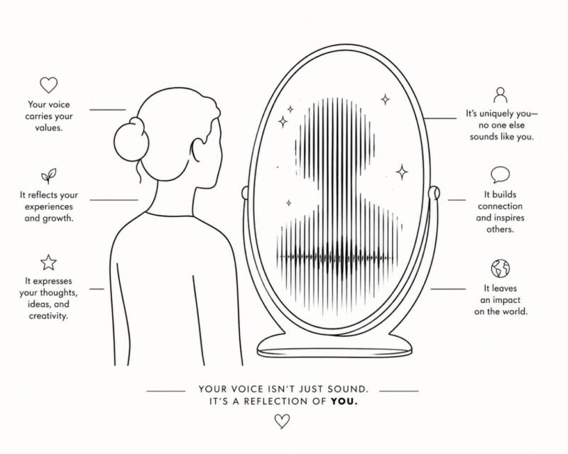 Infographic that says: Your voice carries your voice. It reflects your experiences and growth. It expresses your thoughts, ideas, and creativity. It’s uniquely you – no one else sounds like you. It builds connections and inspires others. It leaves an impact on the world. YOUR VOICE ISN’T JUST SOUND. IT’S A REFLECTION OF YOU.