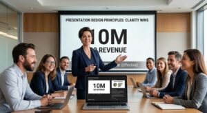 A confident professional leading a meeting using PowerPoint's Presenter View on a laptop. The main screen behind them displays a simple, powerful graphic, and the audience members are leaning forward, smiling, and fully engaged.