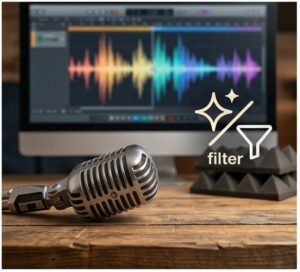 Microphone in front of computer screen showing colorful voice print.