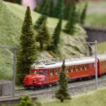 Model train on a curve with trees.
