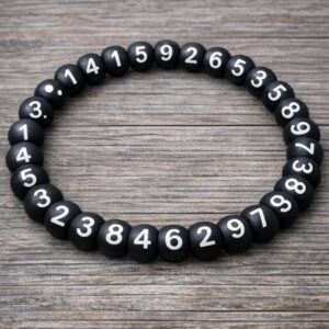 A black bracelet and each bead is a number in the pi sequence to 28 digits.