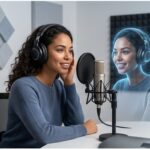 Content creator using a pop filter.