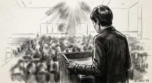Pencil drawing of a person during a public speaking event.