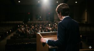 A young man at a podium in front of a faceless crowd.