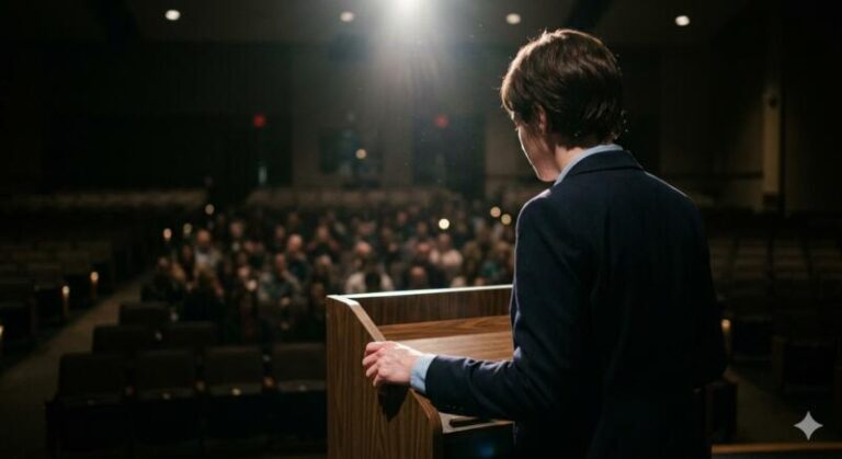 A young man at a podium in front of a faceless crowd.
