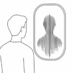 Outline of a person looking in a mirror. The image in the mirror is the shape of the person, but is their voice print.