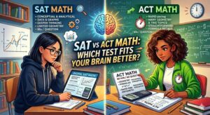 This graphic visually captures the speed vs. depth difference discussed in your article:Left Side (SAT Math): Visualized with modern blue tones and digital icons, focusing on data analysis, conceptual graphs, and analytical thinking (playing to the "85 seconds per question" pacing).
Right Side (ACT Math): Visualized with dynamic orange tones and a stopwatch, highlighting the need for speed, formula recall, and rapid-fire problem-solving (playing to the "one minute per question" pacing).