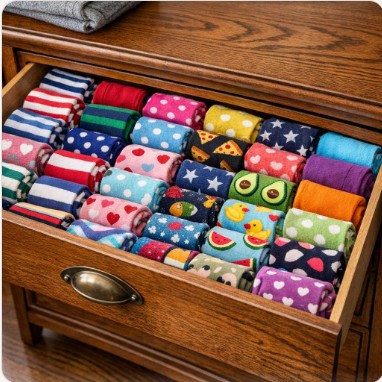 A dresser drawer full of many different color and patterned socks.
