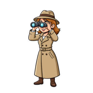 Secret Agent (female in a trench coat) using her binoculars. 