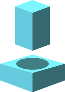A square peg being set to go into a round hole.