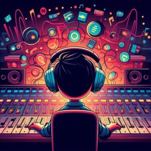 A person in a sound studio working the board. In front of him is a representation of the sounds being made.