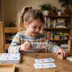 A little girl smiling as she practices her subtraction facts with flash cards.