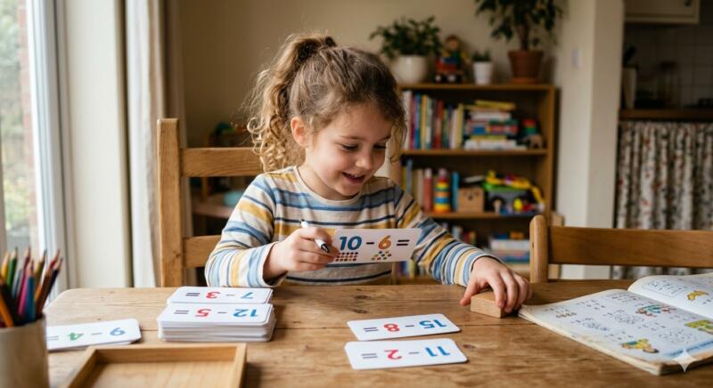A little girl smiling as she practices her subtraction facts with flash cards.