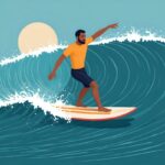 Man surfing with sun setting behind him.