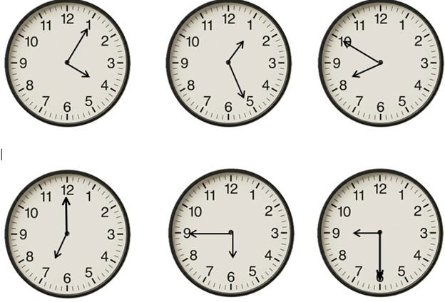 Practice for telling time on an analog clock - 6 clocks.