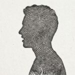 Picture that is the side view outline of a person talking, filled in with a texture that looks like a fingerprint.