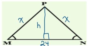 Triangle MNP. Angles M and N are congruent. Side MN is 24 units.