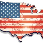 An American flag in the shape of the USA with the rivers shown in red.