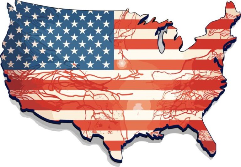 An American flag in the shape of the USA with the rivers shown in red.