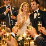 A warm, elegant scene of a wedding toast celebrating the bride and groom.