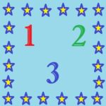 A blue background with a edging of dark blue and yellow stars, In the middle are the numbers 1 (red), 2 (green), and 3 (dark blue)