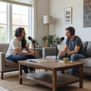 Imagine you are sitting across a coffee table from one close friend, explaining your hobby to them with your podcast microphone between you.