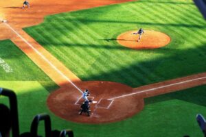 View of baseball field from behind home plate.