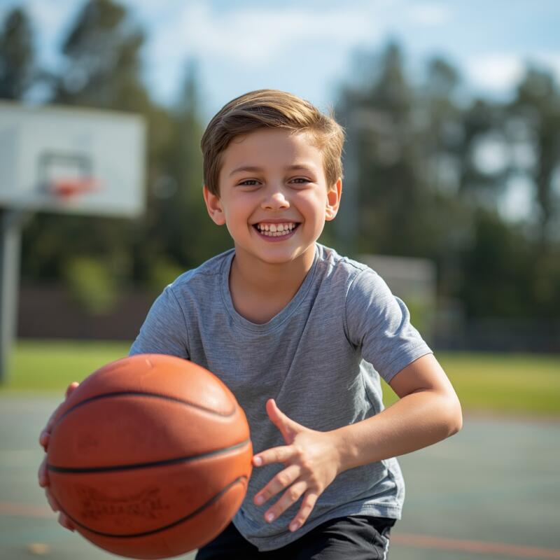 A bright, high-energy photo of a child smiling while dribbling a basketball outdoors on a sunny day.