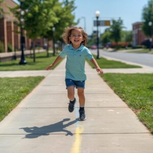 A bright, sunny photo of an elementary student laughing while jumping down a sidewalk line drawn with colorful chalk.