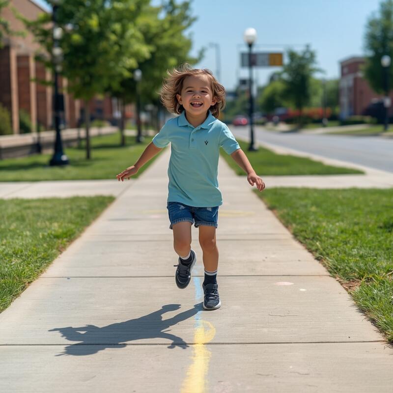 A bright, sunny photo of an elementary student laughing while jumping down a sidewalk line drawn with colorful chalk.