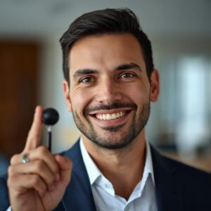 A professional close-up photo of a confident business presenter holding a clicker, smiling, and making eye contact with a well-lit room.