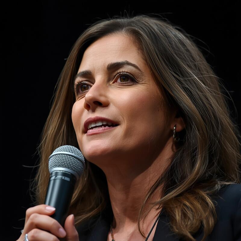 A close-up, clean, professional photograph of a person mid-speech holding a microphone, looking calm, grounded, and confident with relaxed shoulders.
