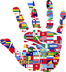 a handprint filled with many flags of the world – representing the many people who may be interested in online accent reduction classes.